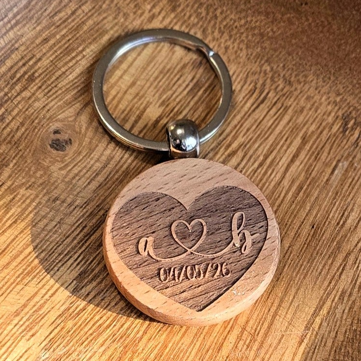 Personalized Beech Wood Initials and Heart Keychain