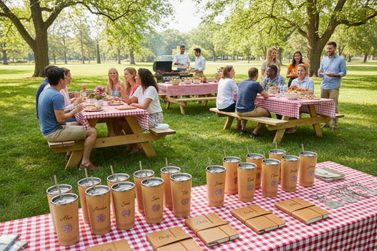 A corporate picnic scene at a park with about 14 individuals sitting and standing around the table with food and drinks. In the foreground is a picnic table with personalized tumblers, journals, and keychains.