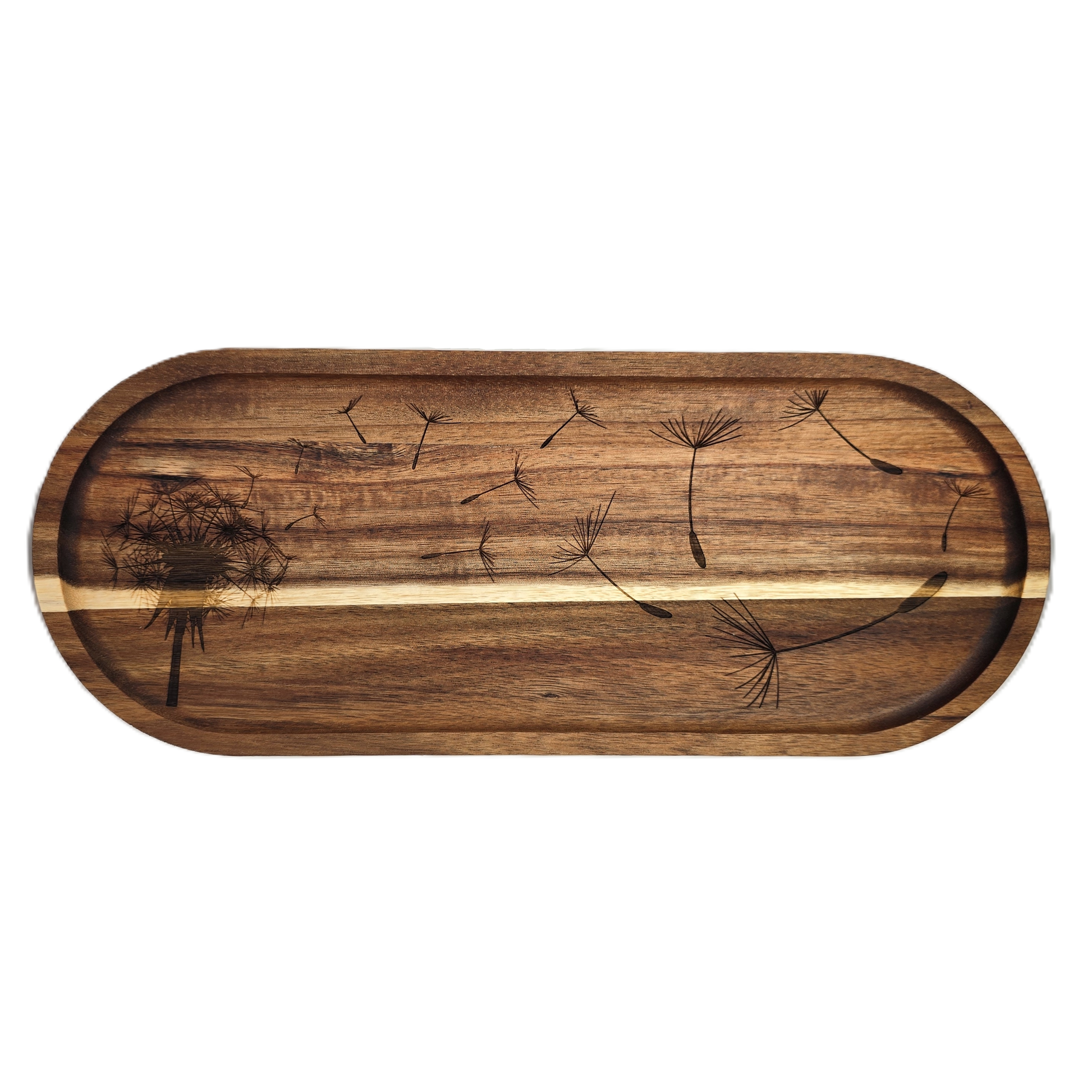 Wooden tray with dandelion seed design on a white background