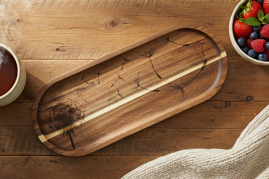 Wooden tray with a steaming cup of tea and a bowl of berries on a wooden surface.