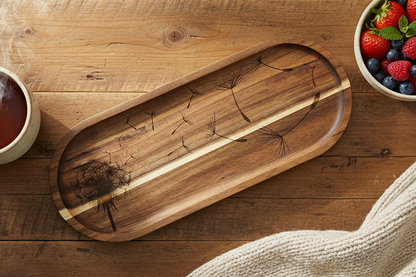 Wooden tray with a steaming cup of tea and a bowl of berries on a wooden surface.