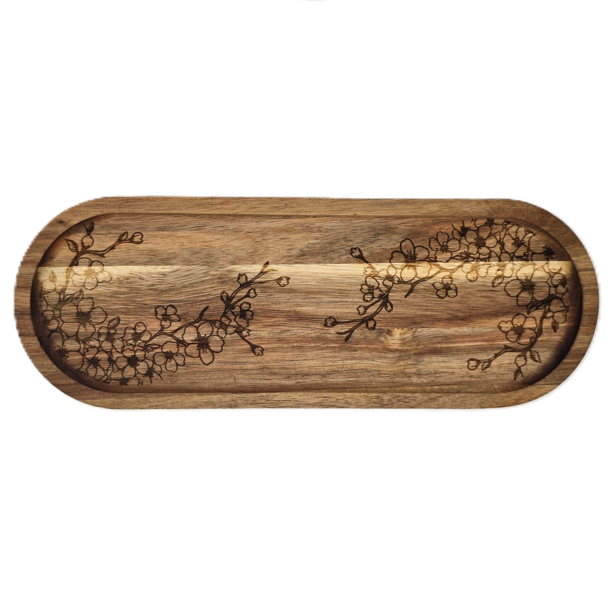 Wooden tray with floral patterns on a white background