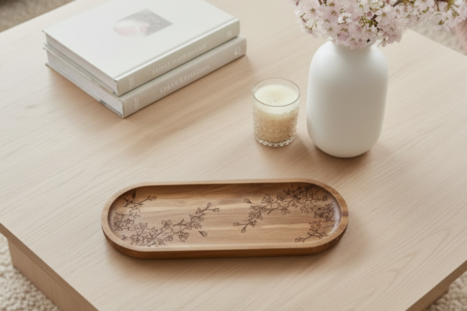 Wooden tray with floral patterns on a white background
