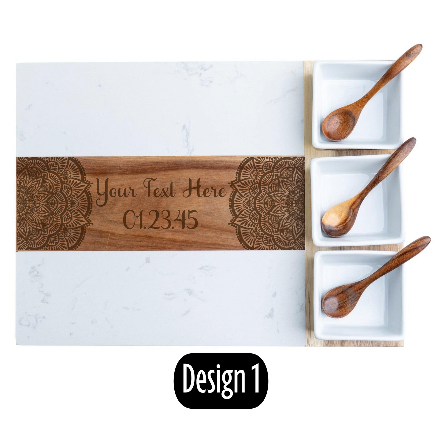 Personalized wooden tray with engraved text and mandala designs, accompanied by wooden spoons on a marble surface.