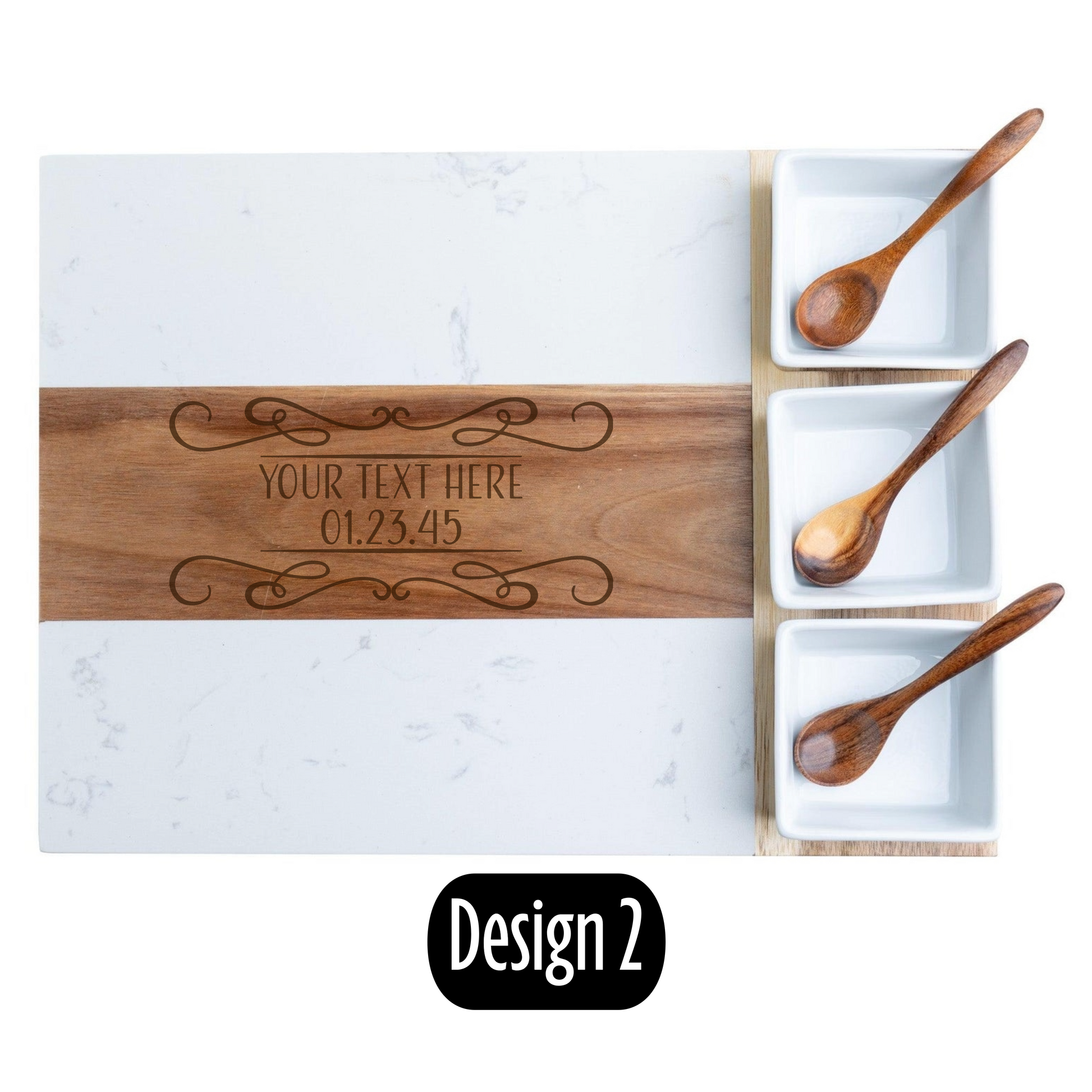 Personalized wooden cutting board with engraved text on a marble surface with wooden spoons.