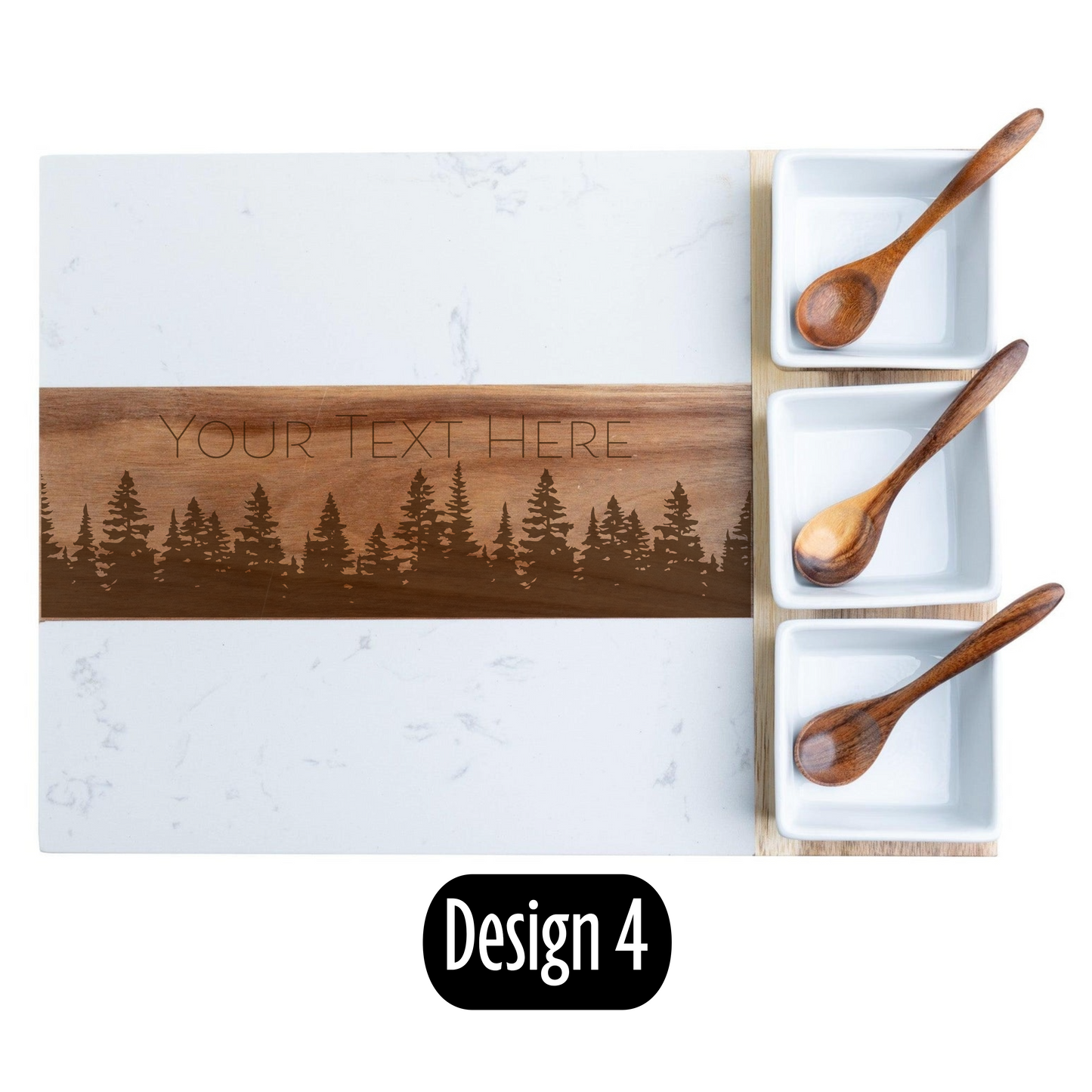 Wooden cutting board with engraved forest design and text placeholder, accompanied by wooden spoons on a white surface.