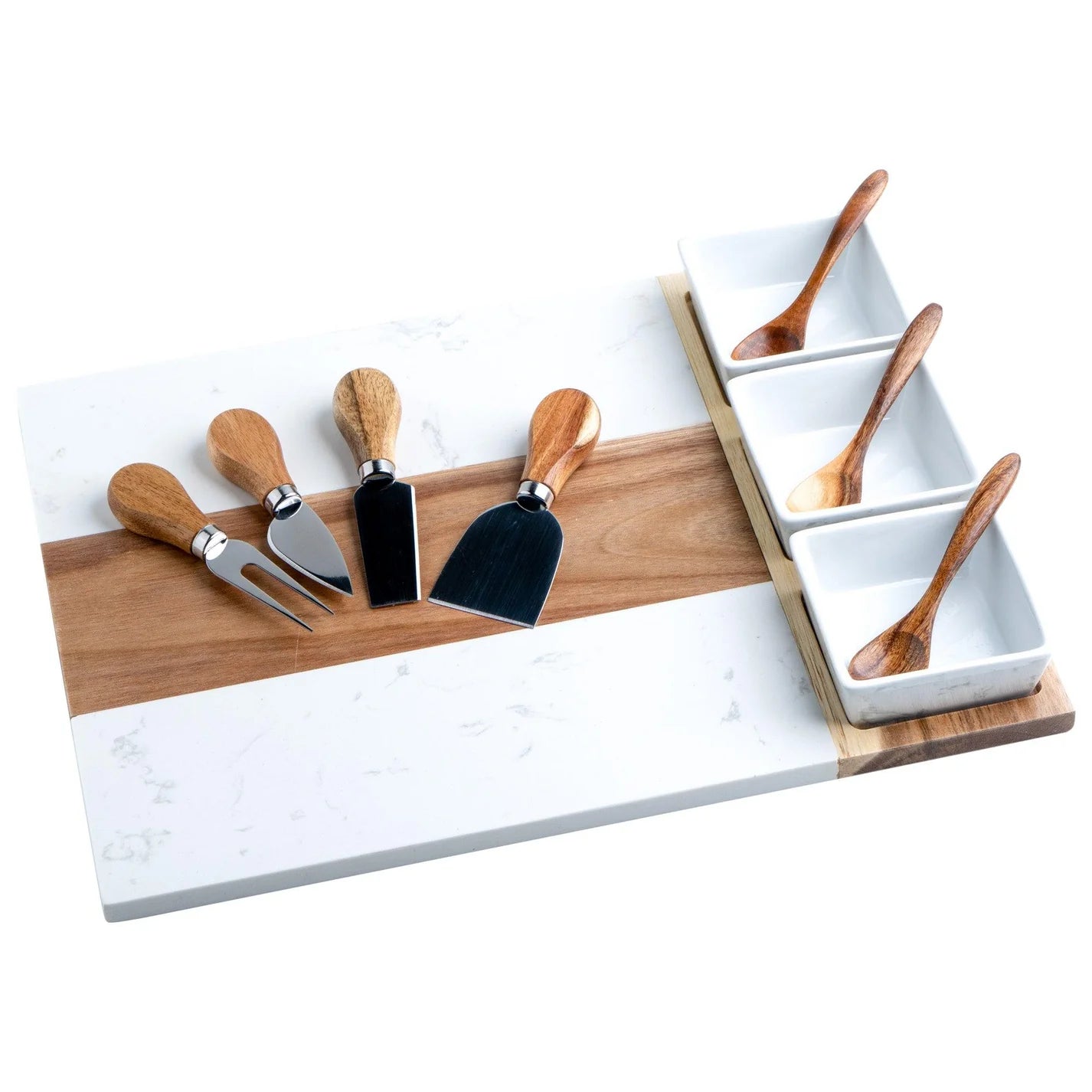Wooden cutting board with knives and forks, and ceramic dishes with spoons on a white background