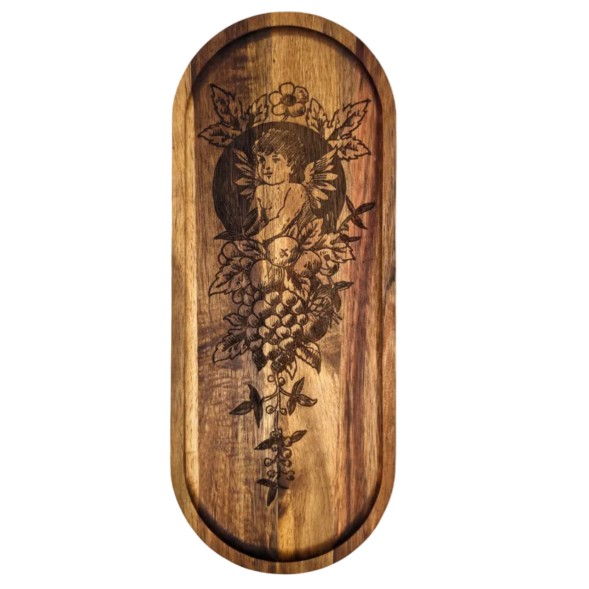 Wooden cutting board with engraved design on a transparent background