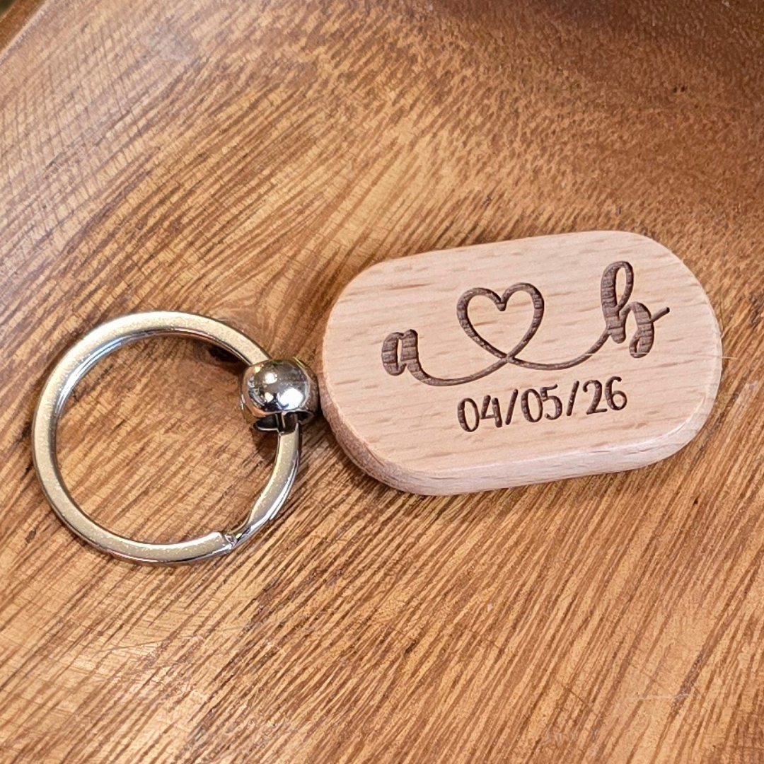 Personalized Beech Wood Initials and Heart Keychain