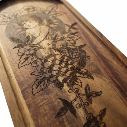 Cherub & Grape Vine Acacia Tray - close-up detail shot