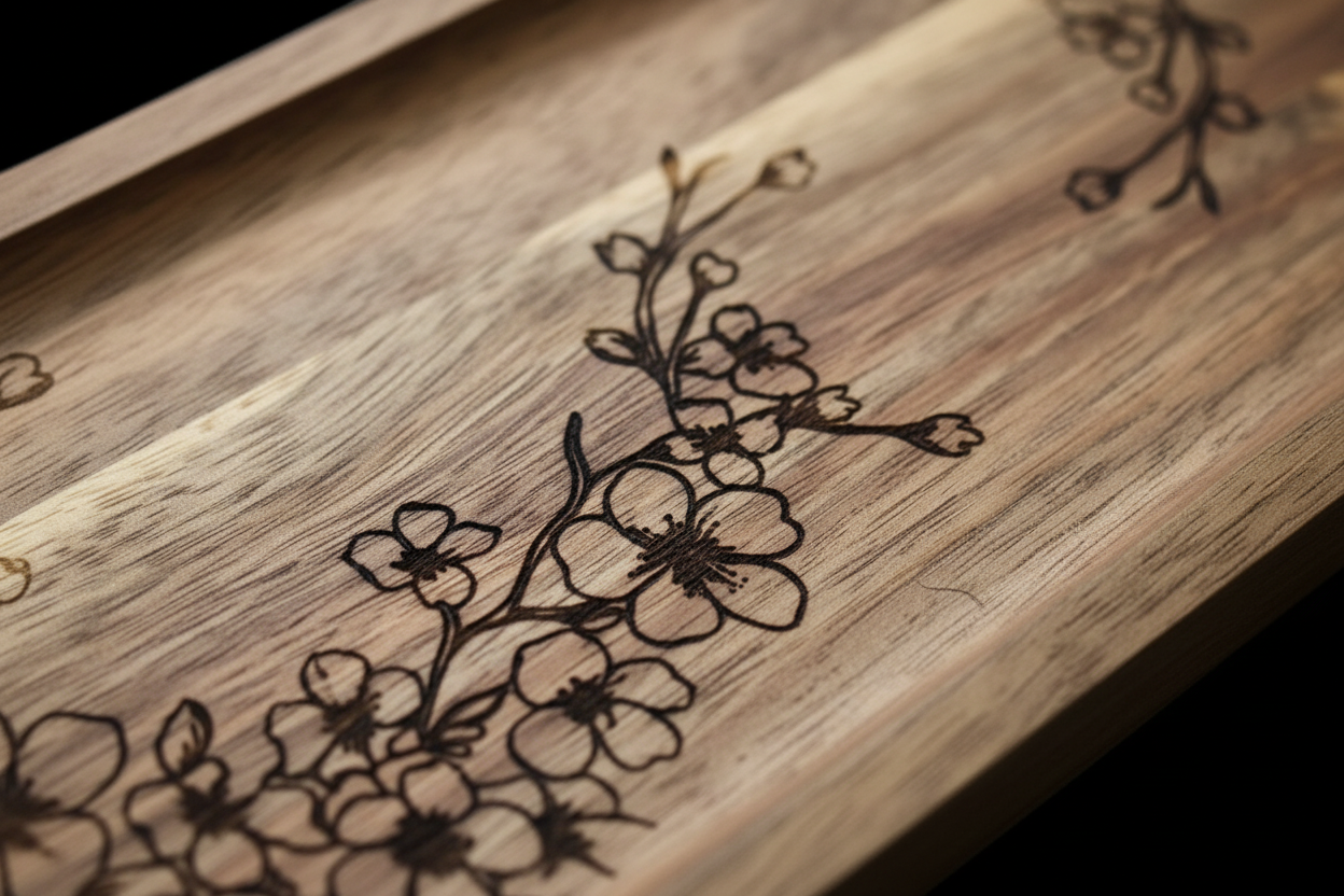 Close-up of cherry blossom tray engraving