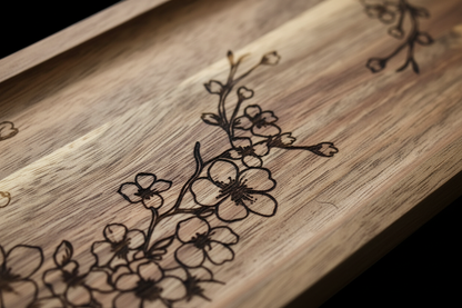 Close-up of cherry blossom tray engraving