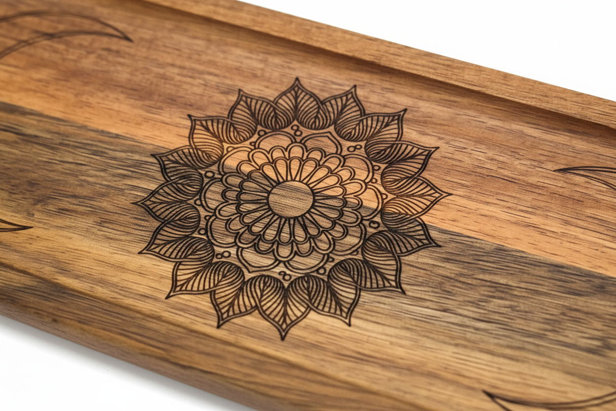 Close-up of mandala moon phase tray engraving
