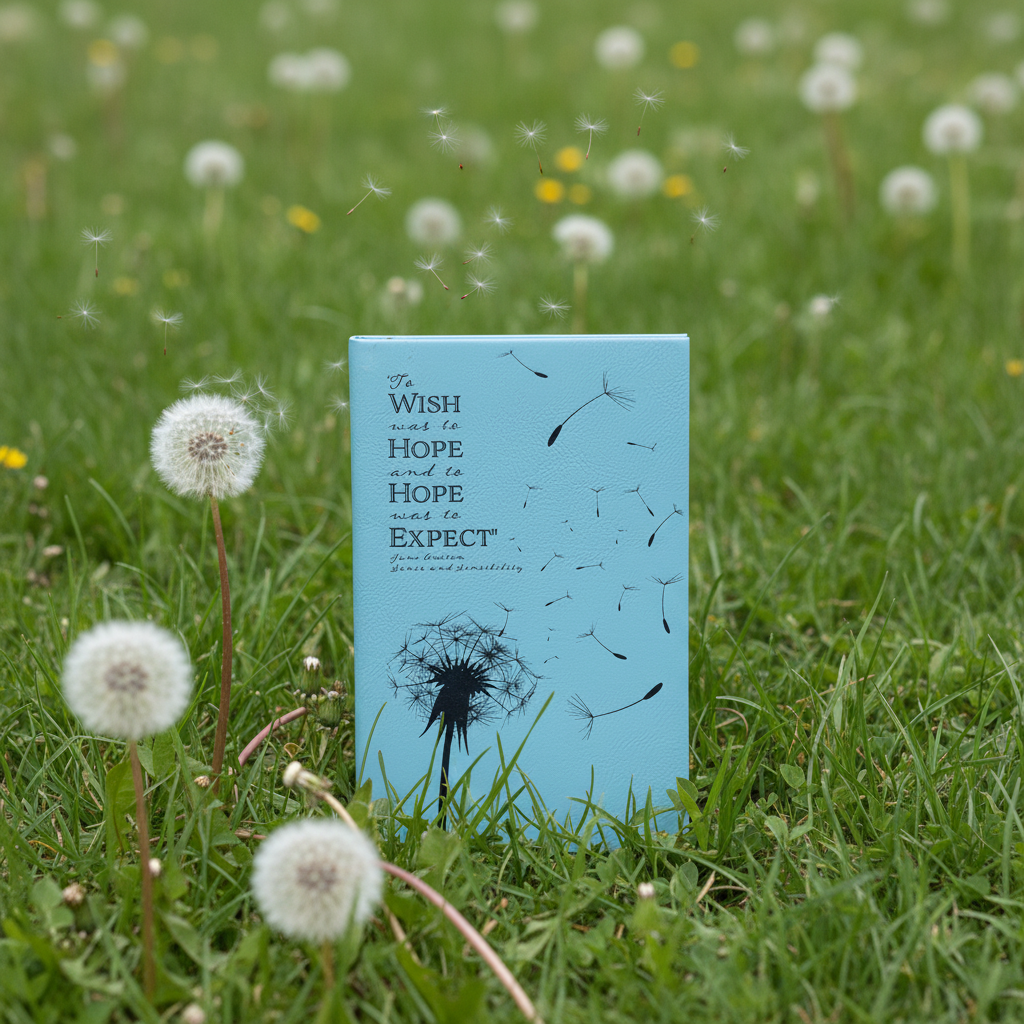 Closed Jane Austen Journal in grassy field with dandelions