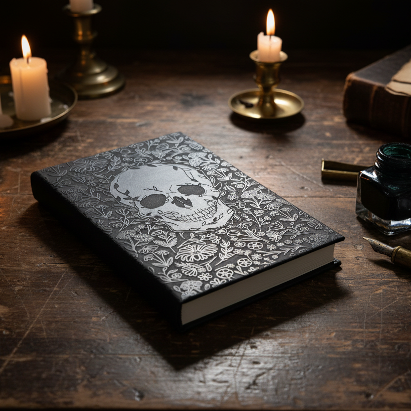 Dark wooden desk with a book featuring a skull design, candles, inkwell, and quill.