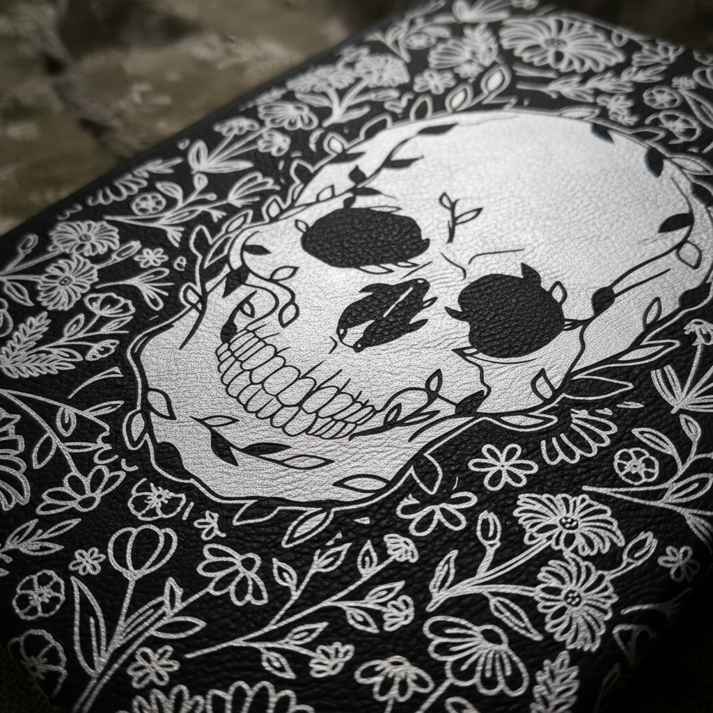 Close-up detail of silver skull and wildflower engraving on black leatherette cover