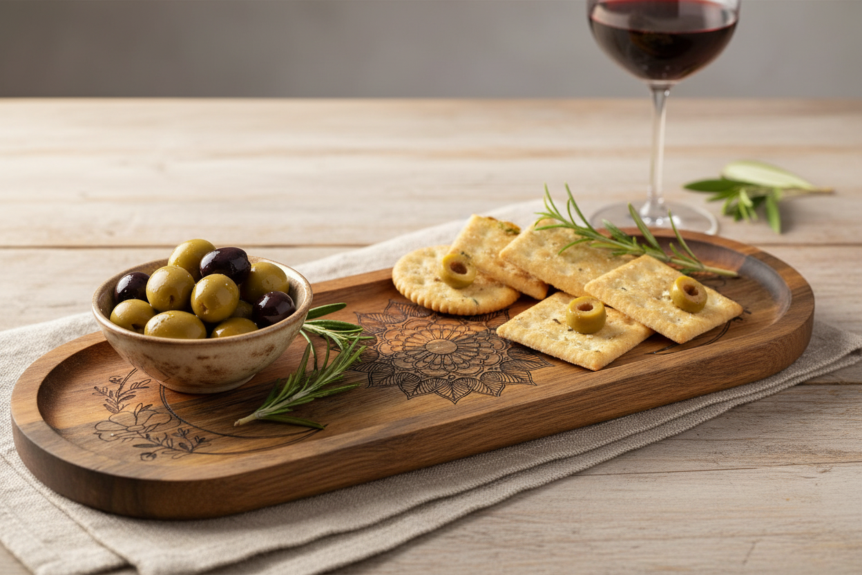 Mandala moon phase tray styled with crackers, olives, and wine