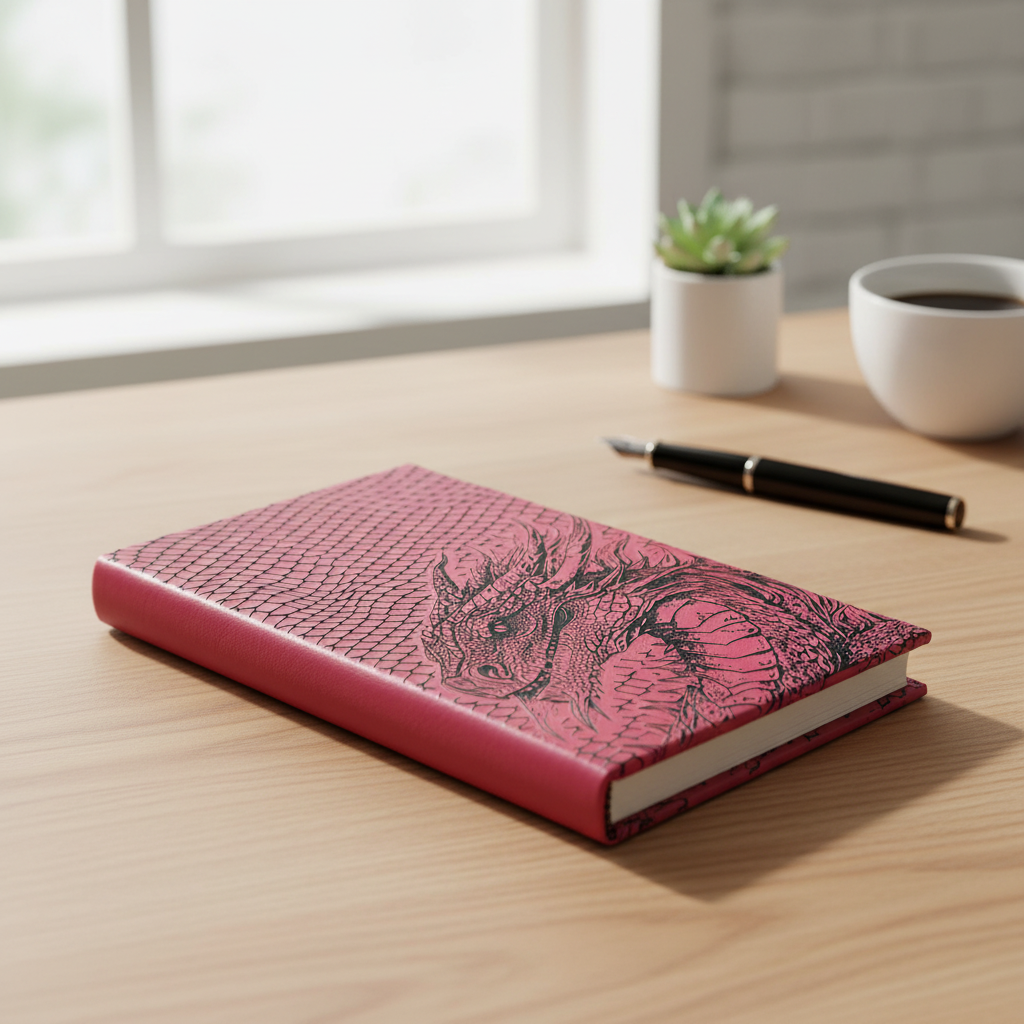 Red dragon journal styled on desk