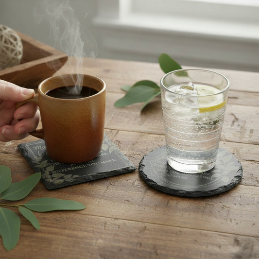 Styled coaster product photo with hand