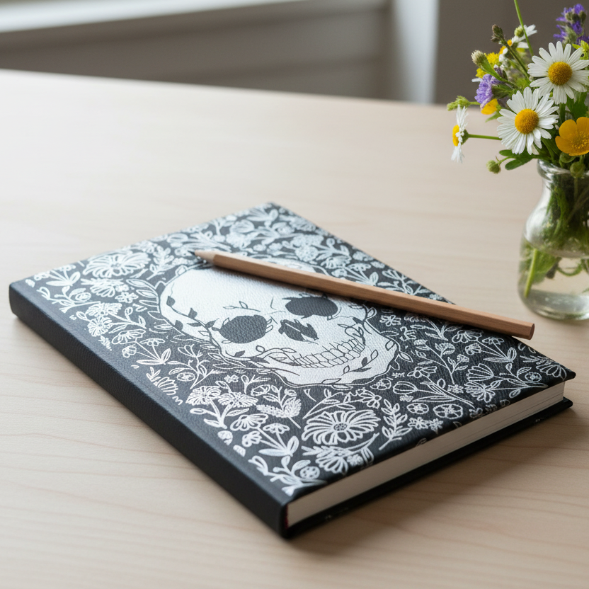Styled sketchbook on desk with wildflowers and pencil