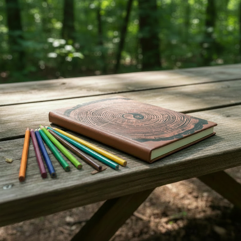 Notebook and colored pencils on a wooden table with a forest background